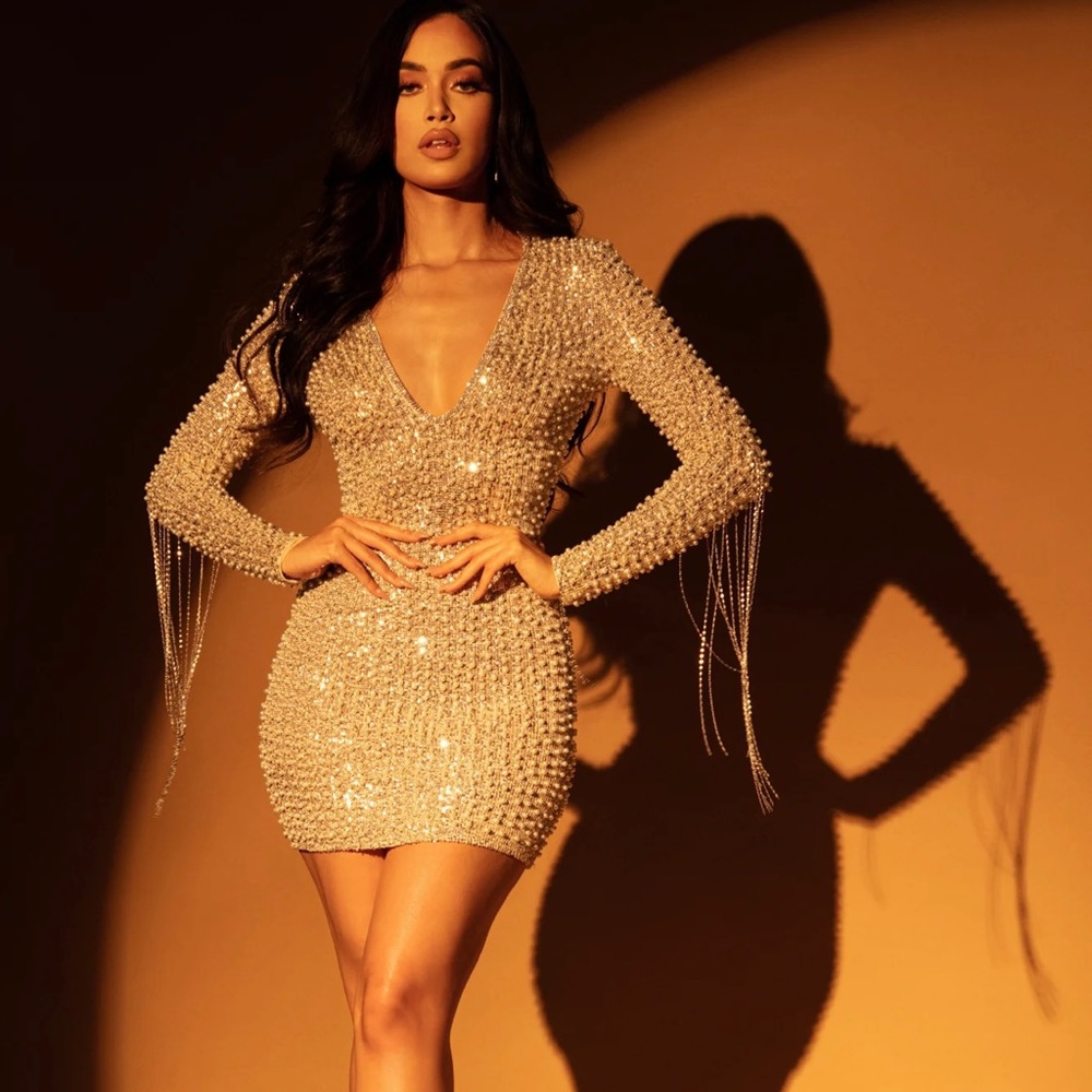 Fashionnova For Tonight’s Special Pearl Mini Dress-Silver